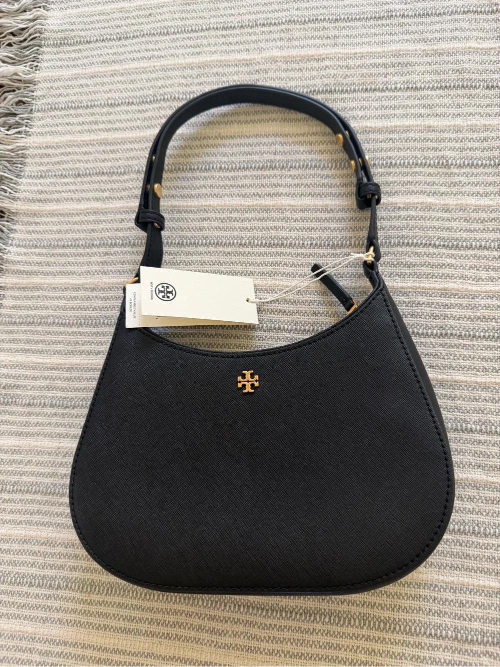 Tory Burch Black Leather Saddle Shoulder Bag with Gold Logo